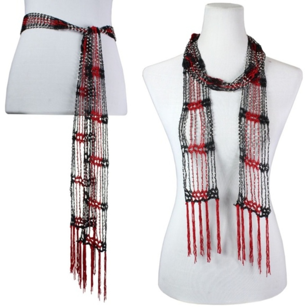 Black & Red with Silver Beads Scarf/Necklace
